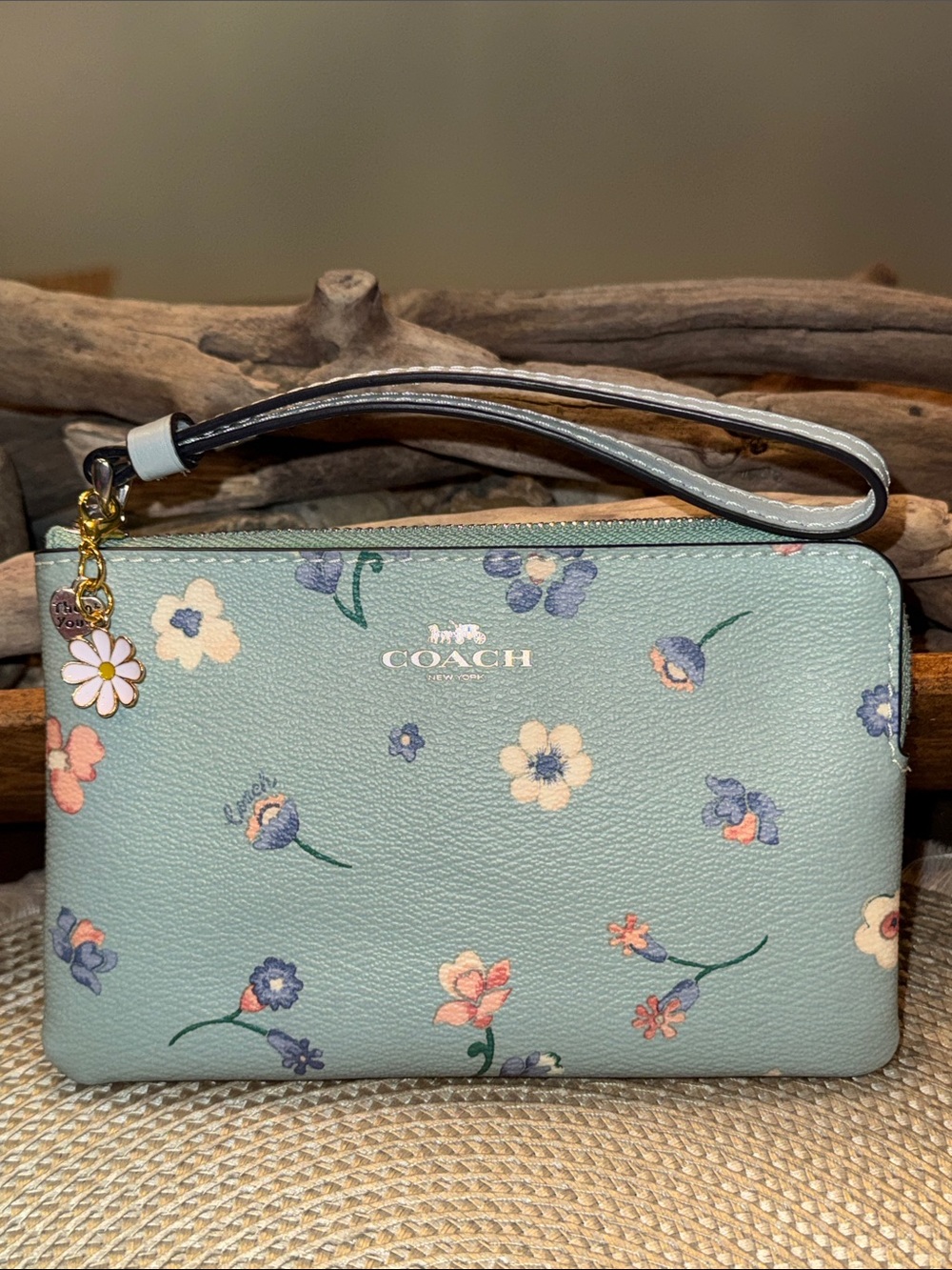 COACH Mint Floral Leather Wristlet with Charm